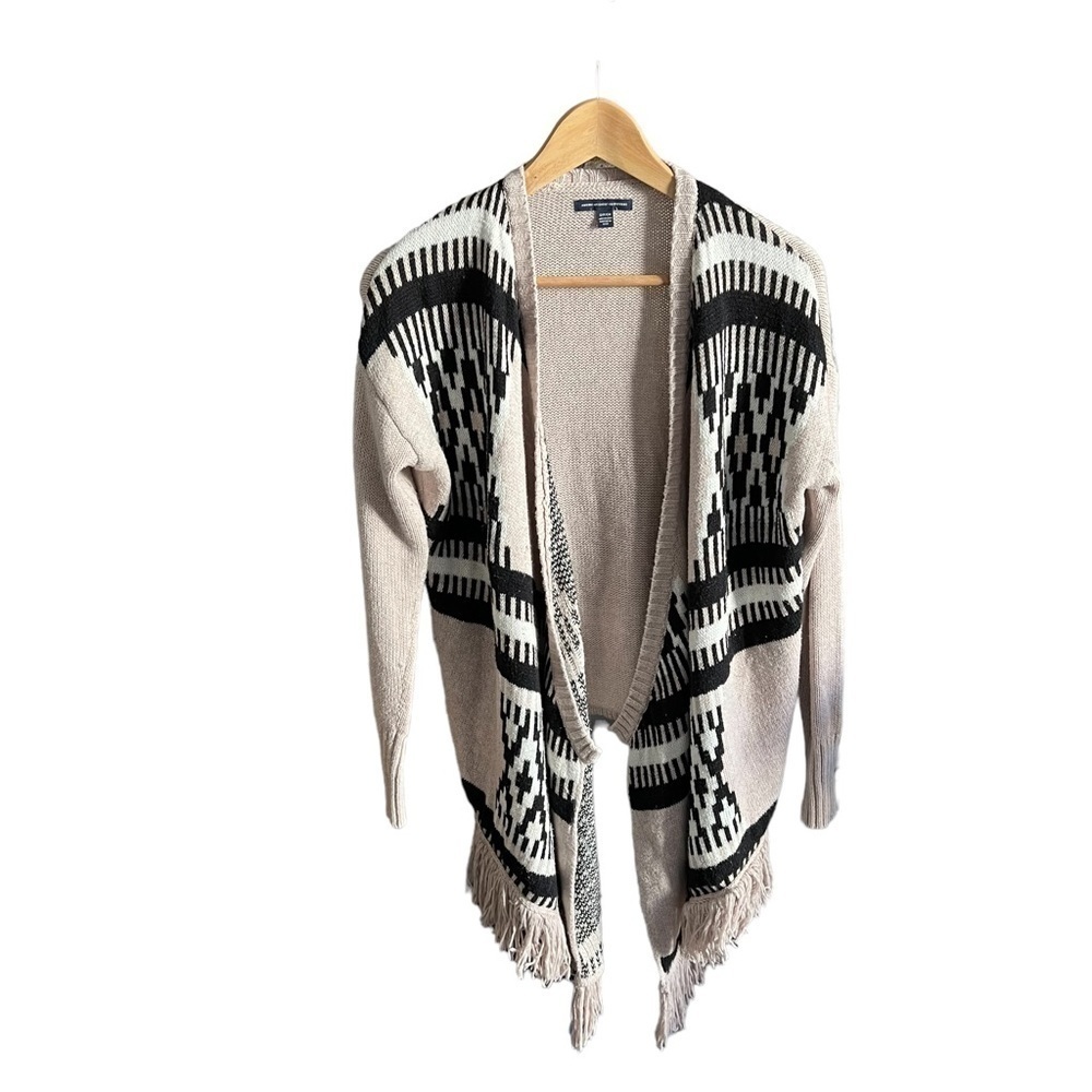 American Eagle Cardigan Womens S Beige Open Front Aztec Fringe Sweater